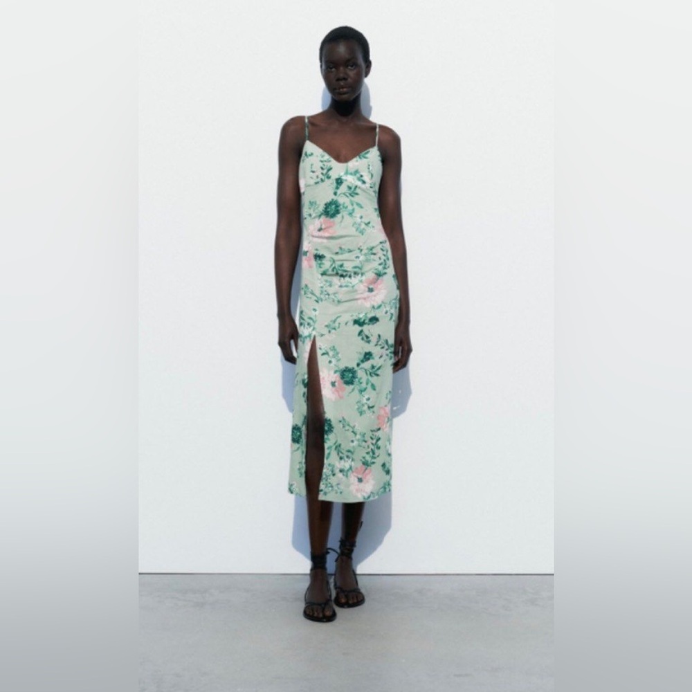 ZARA LINEN BLEND FLORAL PRINT MIDI DRESS SIZE M NWT